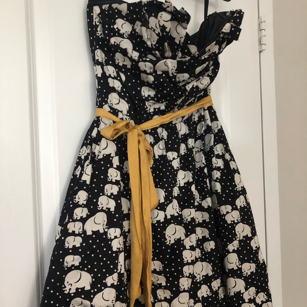 Tea length black and white strapless dress